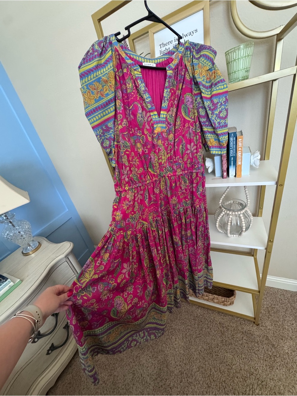 Current Air Fuchsia Paisley Midi Dress with Multicolor Sleeves